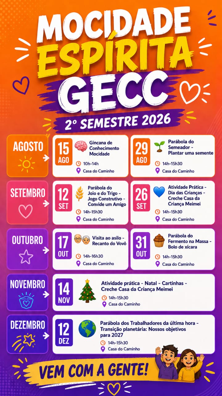 Calendário Mocidade Espírita 2° Semestre 2026